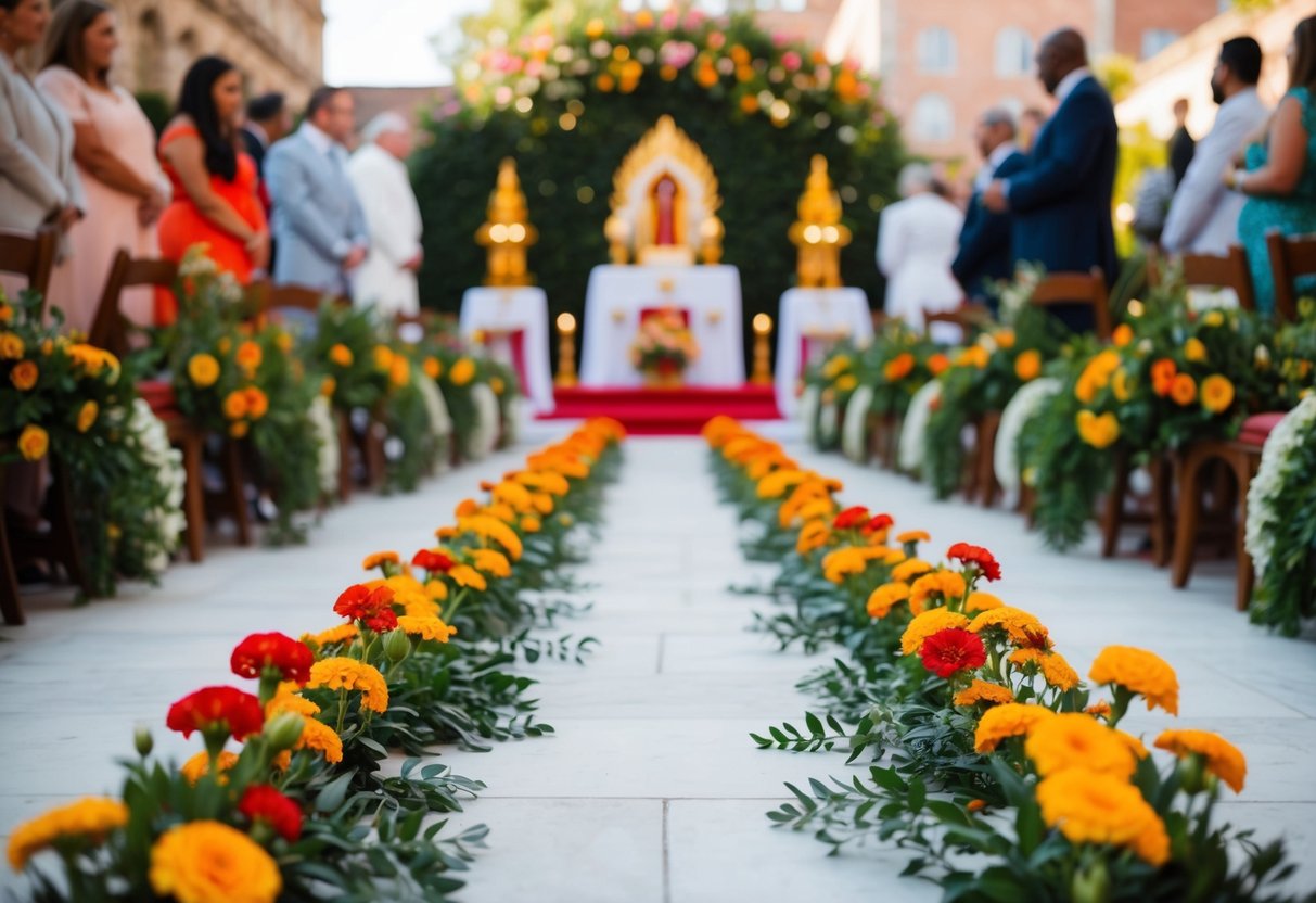 A pathway lined with flowers and greenery leading to a decorated altar