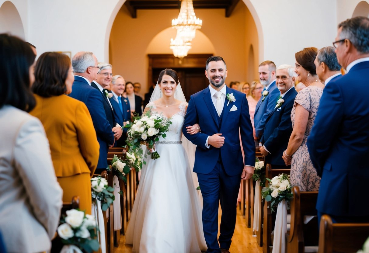 The groom is escorted down the aisle by a family member or close friend