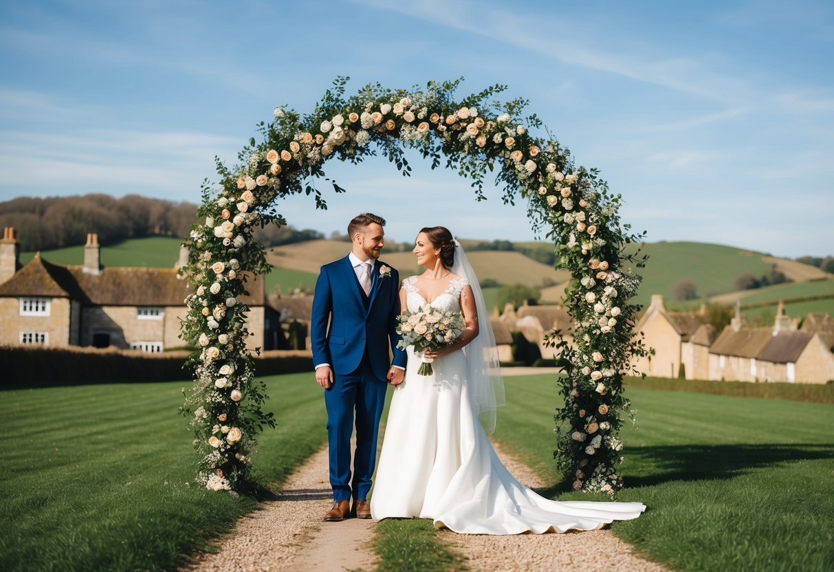 A bride and groom stand under a floral arch in a quaint English village, surrounded by rolling hills and a clear blue sky