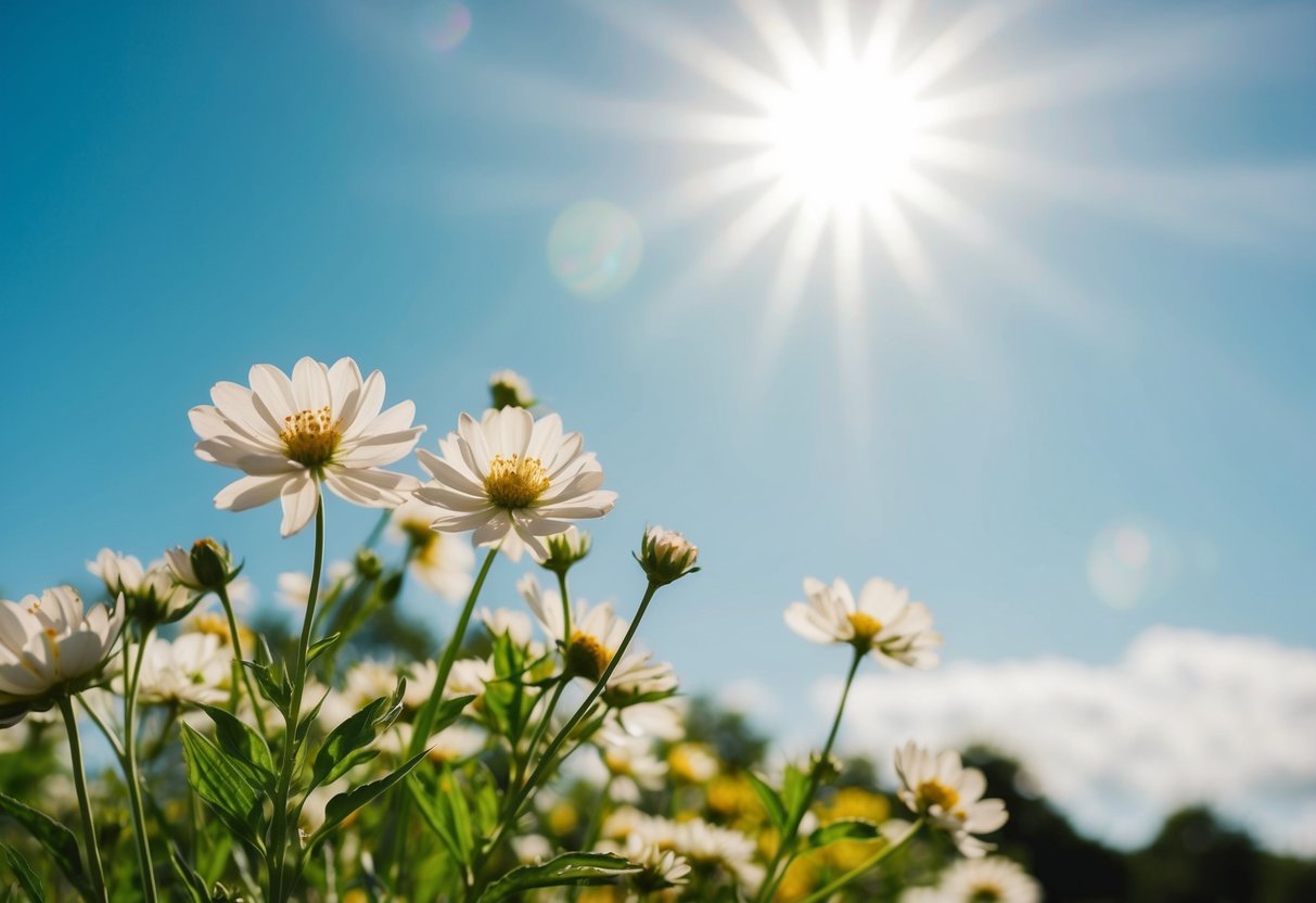 A sunny, outdoor wedding on a Saturday with blooming flowers and a clear blue sky