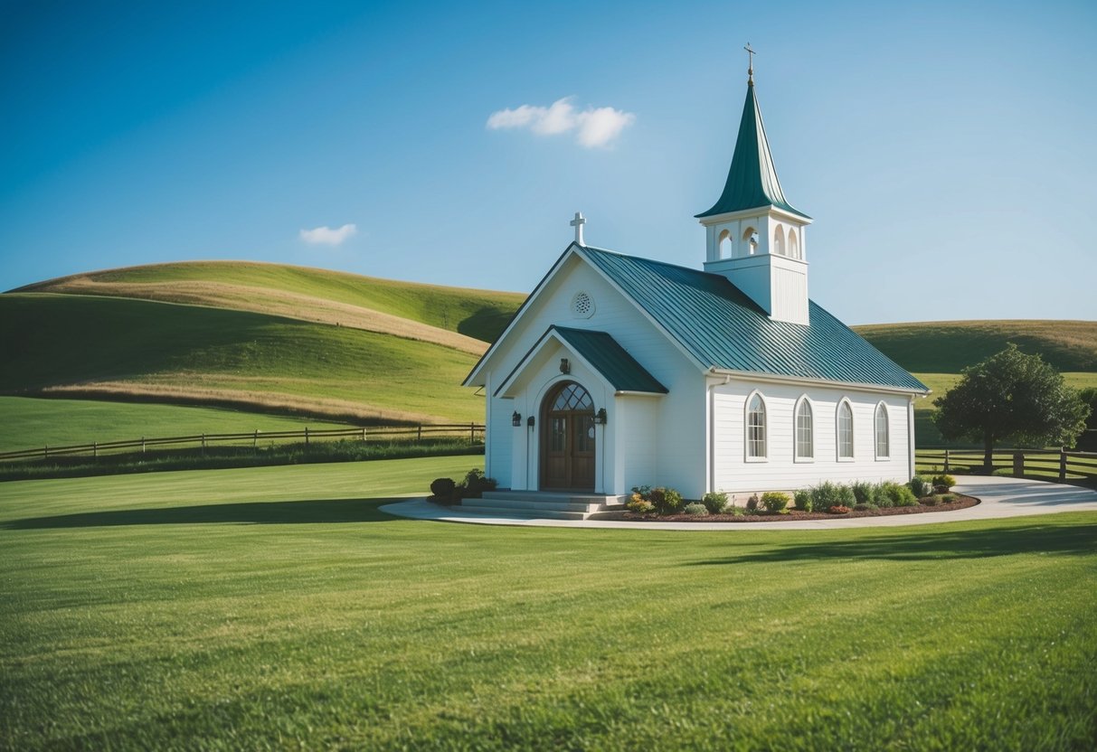 A serene countryside wedding venue with a charming chapel and rolling hills under a clear blue sky