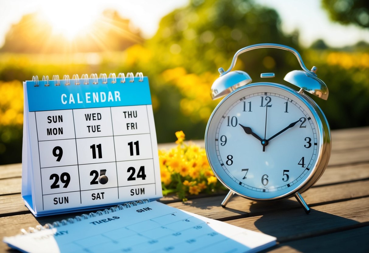 A sunny outdoor setting with a calendar showing different days of the week, and a clock indicating various times of day