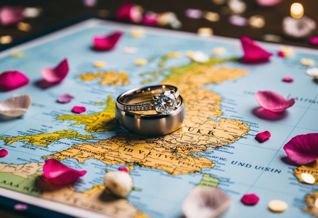 A wedding ring placed on a map of the UK, surrounded by scattered rose petals and confetti