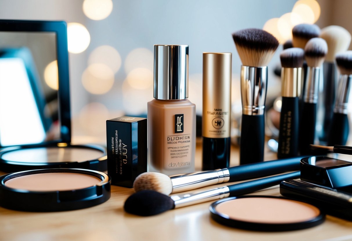A cluttered makeup table with high-end products and brushes. A price tag on an expensive foundation