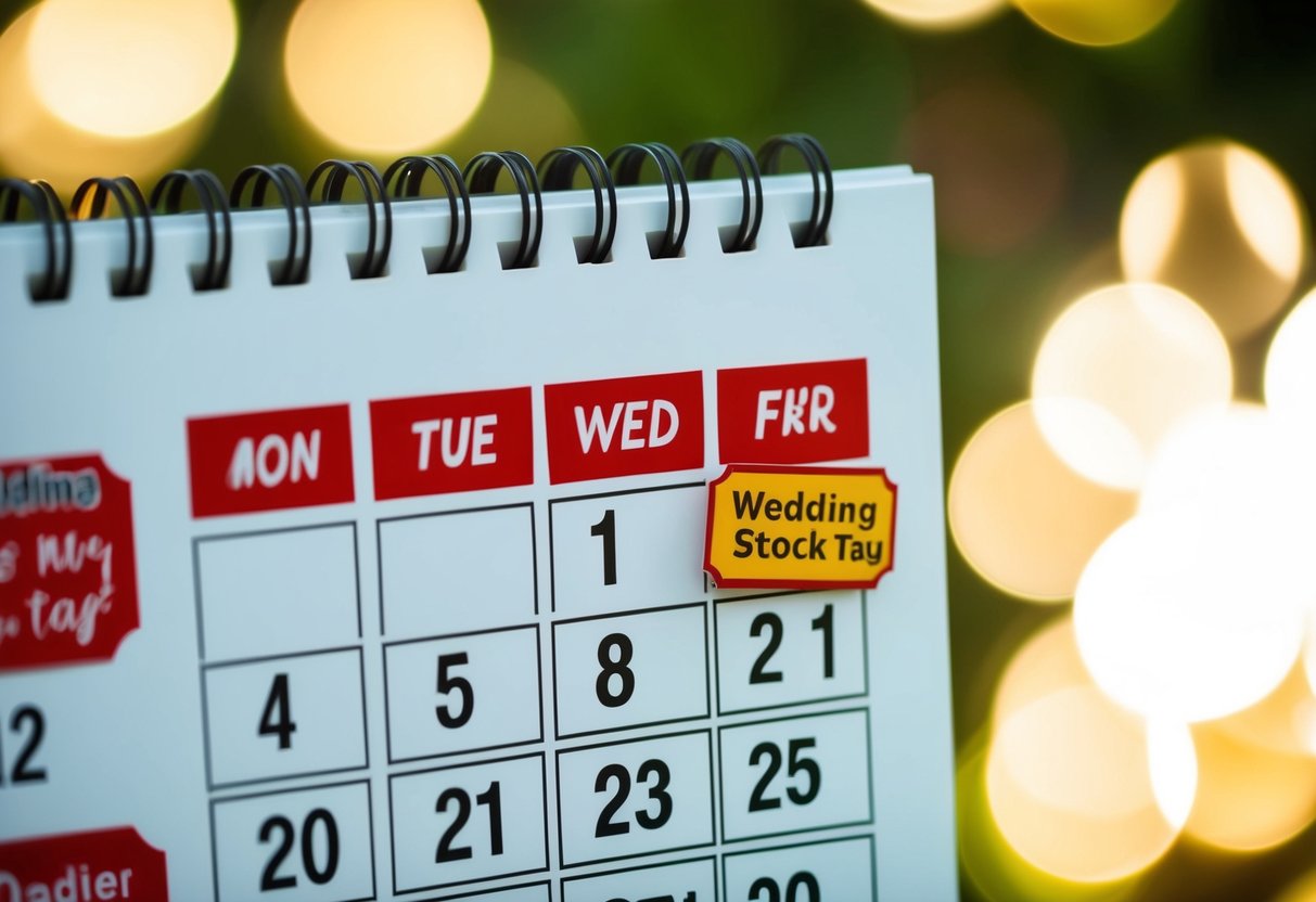 A calendar with highlighted weekdays, price tags, and wedding-related symbols