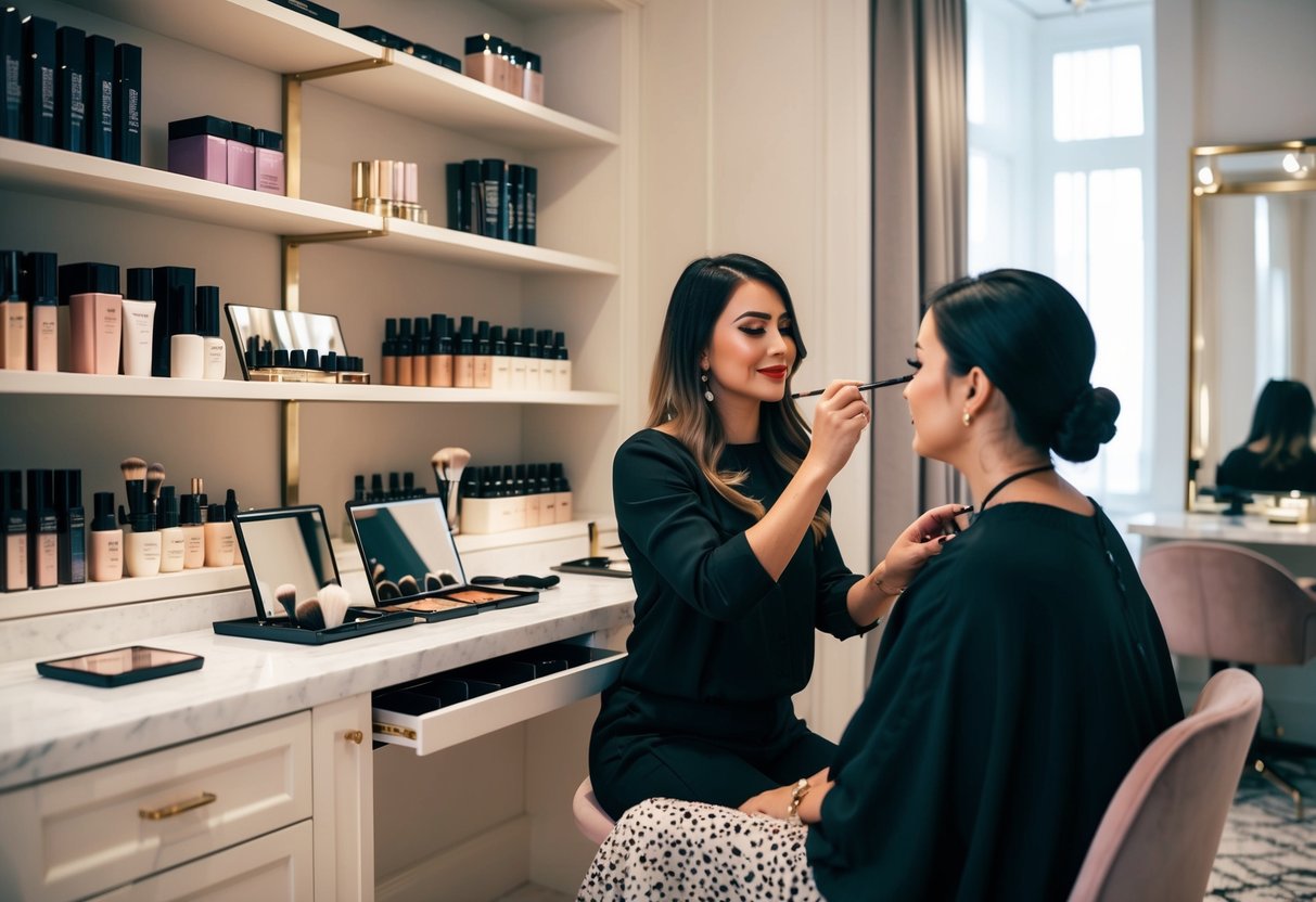 A luxurious makeup studio with high-end products displayed on shelves, a professional makeup artist working on a client in a comfortable and elegant setting