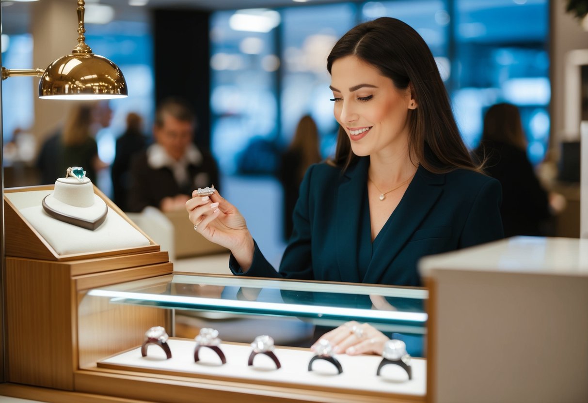 A woman purchases a ring from a jeweler's display