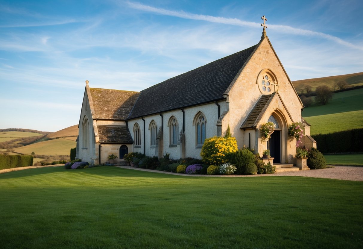 A traditional English countryside church with a flower-adorned entrance, surrounded by rolling hills and a clear blue sky