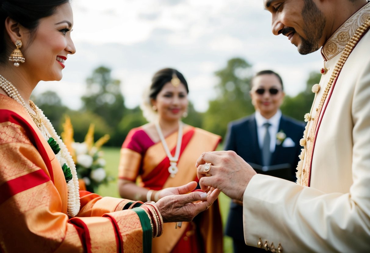 A woman handing a ring to a man in a traditional wedding ceremony