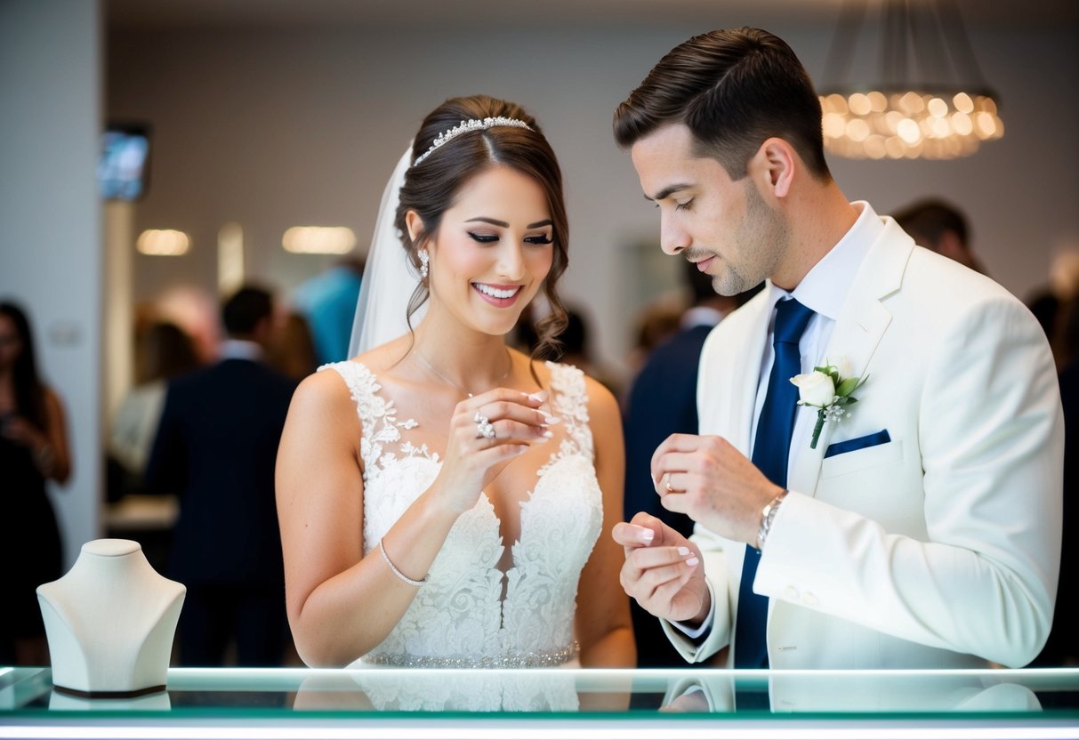 A bride and groom stand at a jewelry counter, looking at wedding rings. The bride holds up a men's ring while the groom examines a women's ring