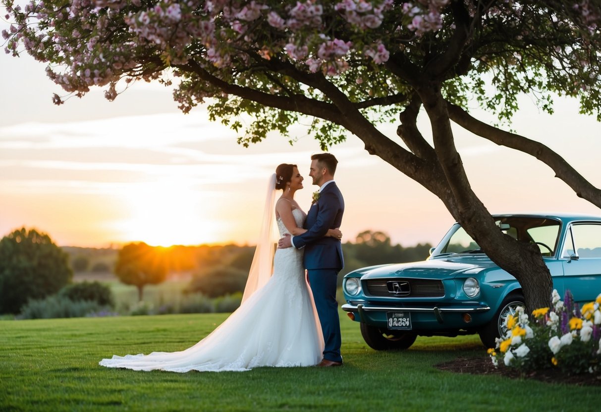 A bride and groom stand under a tree, surrounded by blooming flowers and a vintage car, with the sun setting in the background