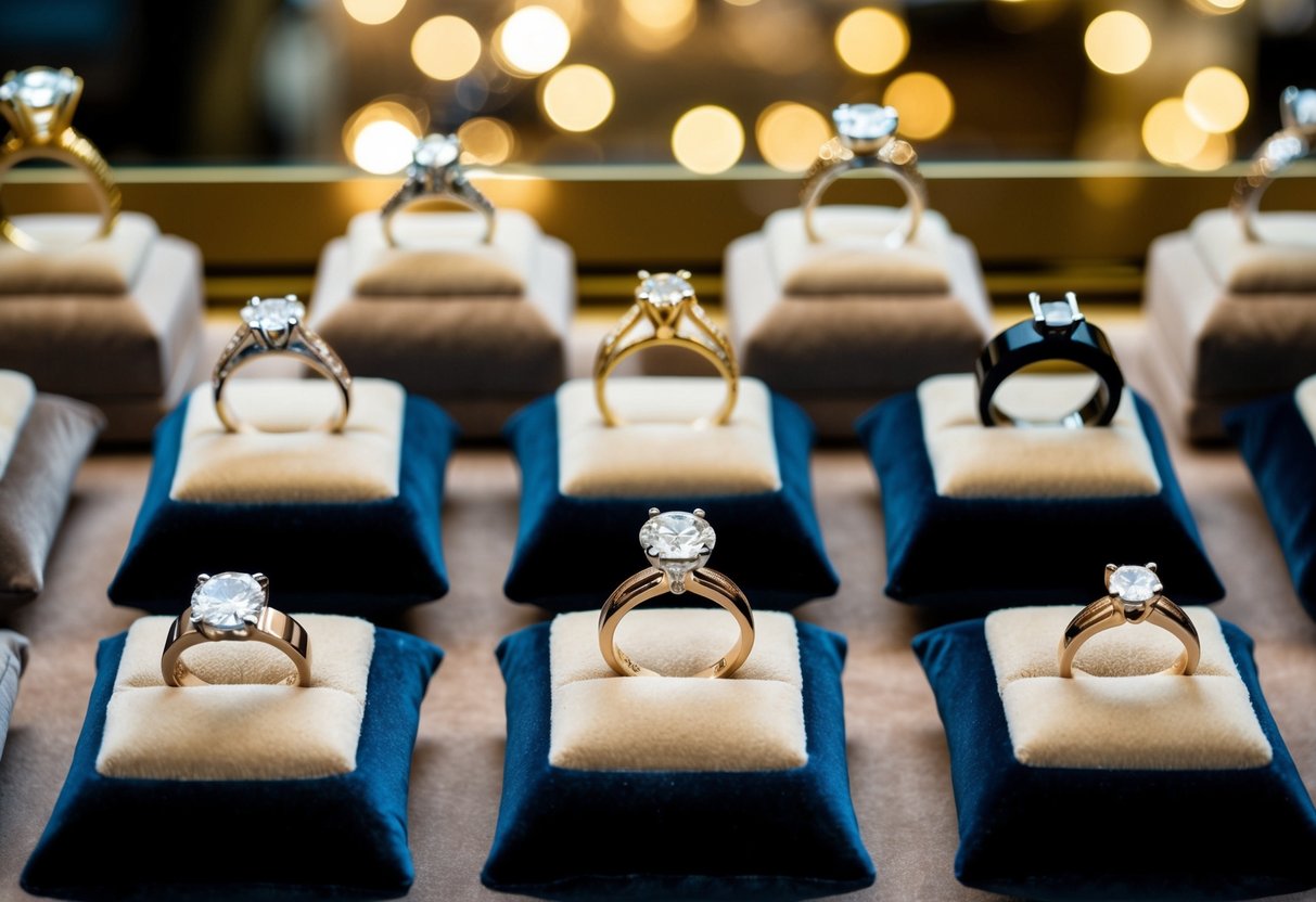 A jewelry store display with a variety of wedding rings, including men's options, showcased on elegant velvet pillows