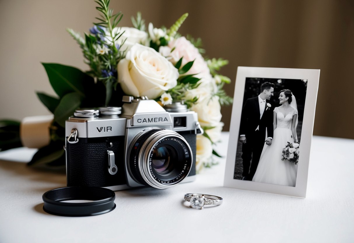A vintage camera on a table with a bouquet of flowers, a wedding ring, and a black and white photo of a bride and groom