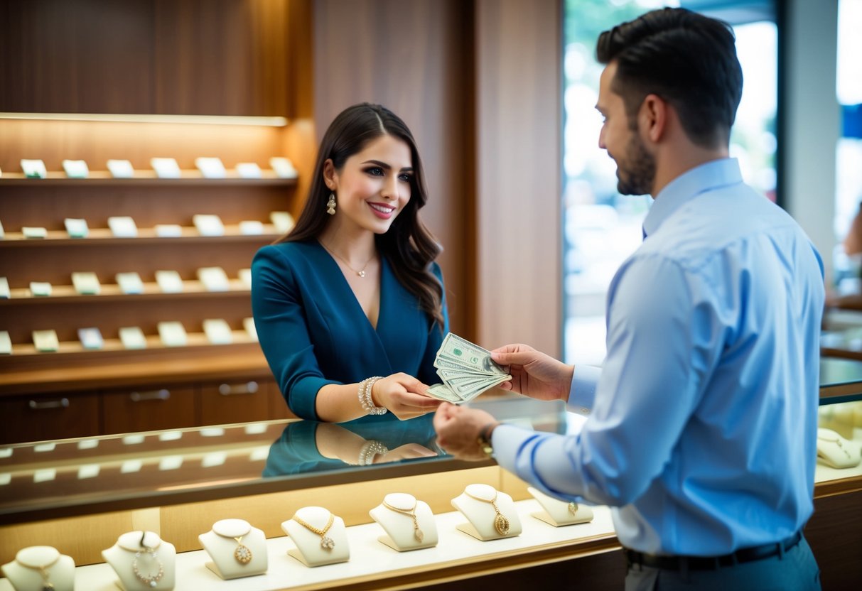 A woman hands over money to a man behind a jewelry store counter