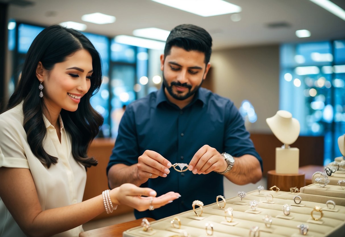 A woman hands a jeweler a wedding ring, while a man looks at a display of rings