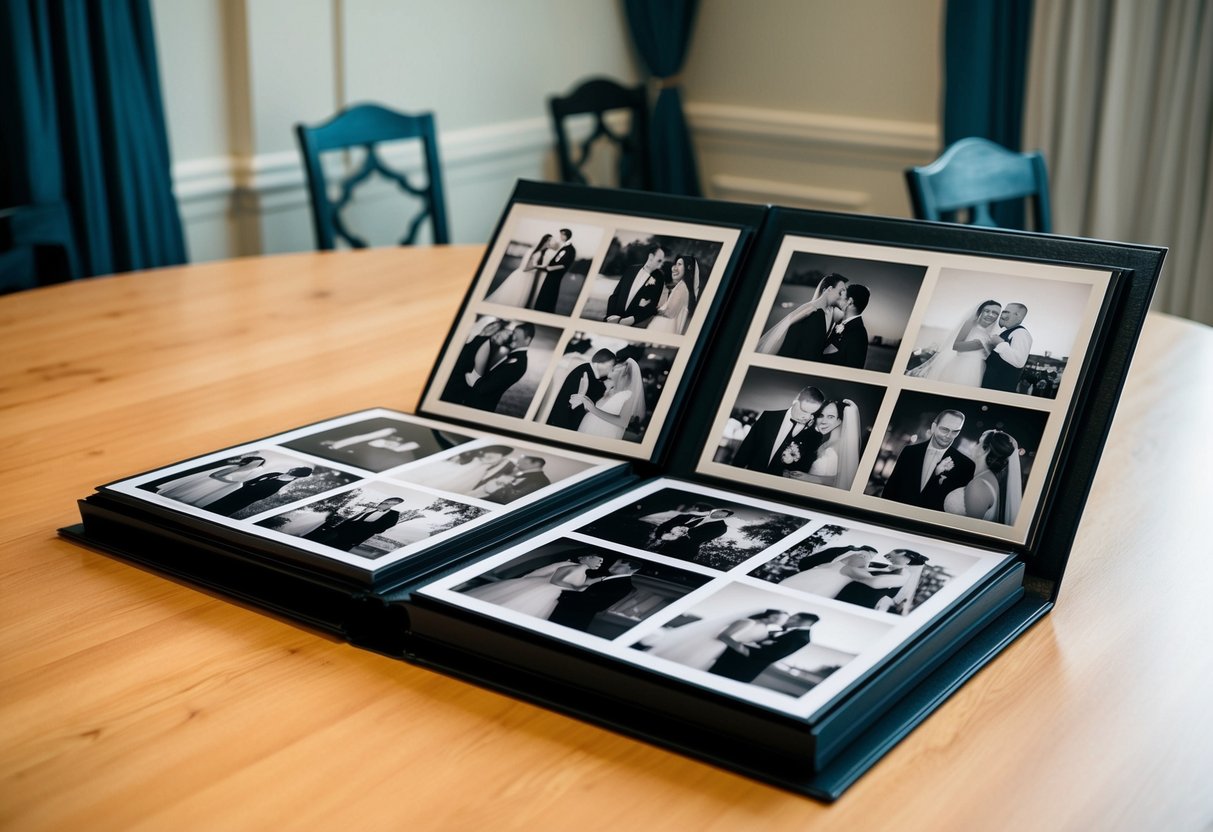 A wedding album open on a table, displaying a series of black and white photos capturing different moments from the special day