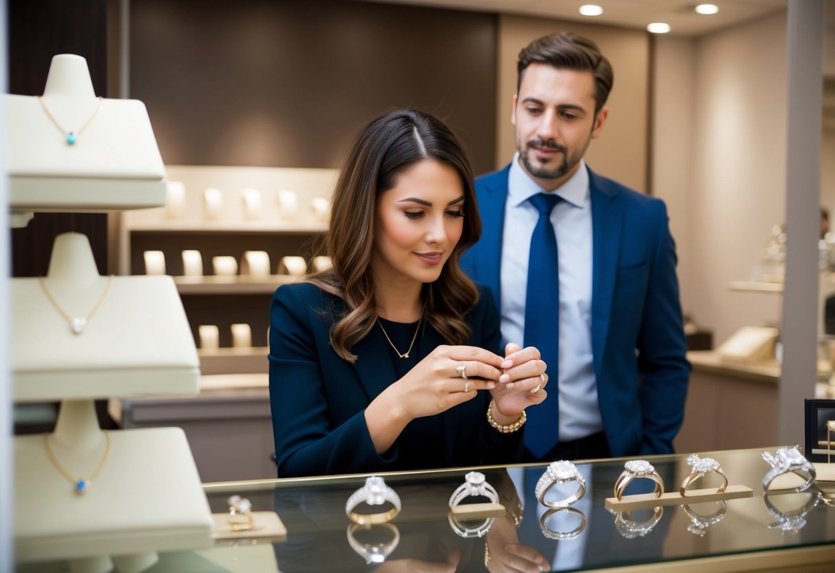 A woman examines a selection of wedding rings in a jewelry store, while a man looks on expectantly