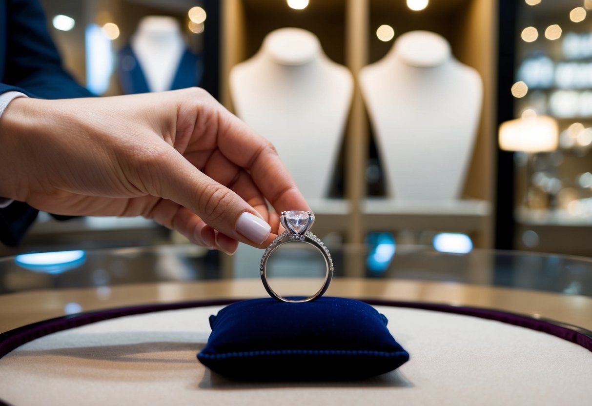 A person places a wedding ring on a velvet cushion in a jewelry store