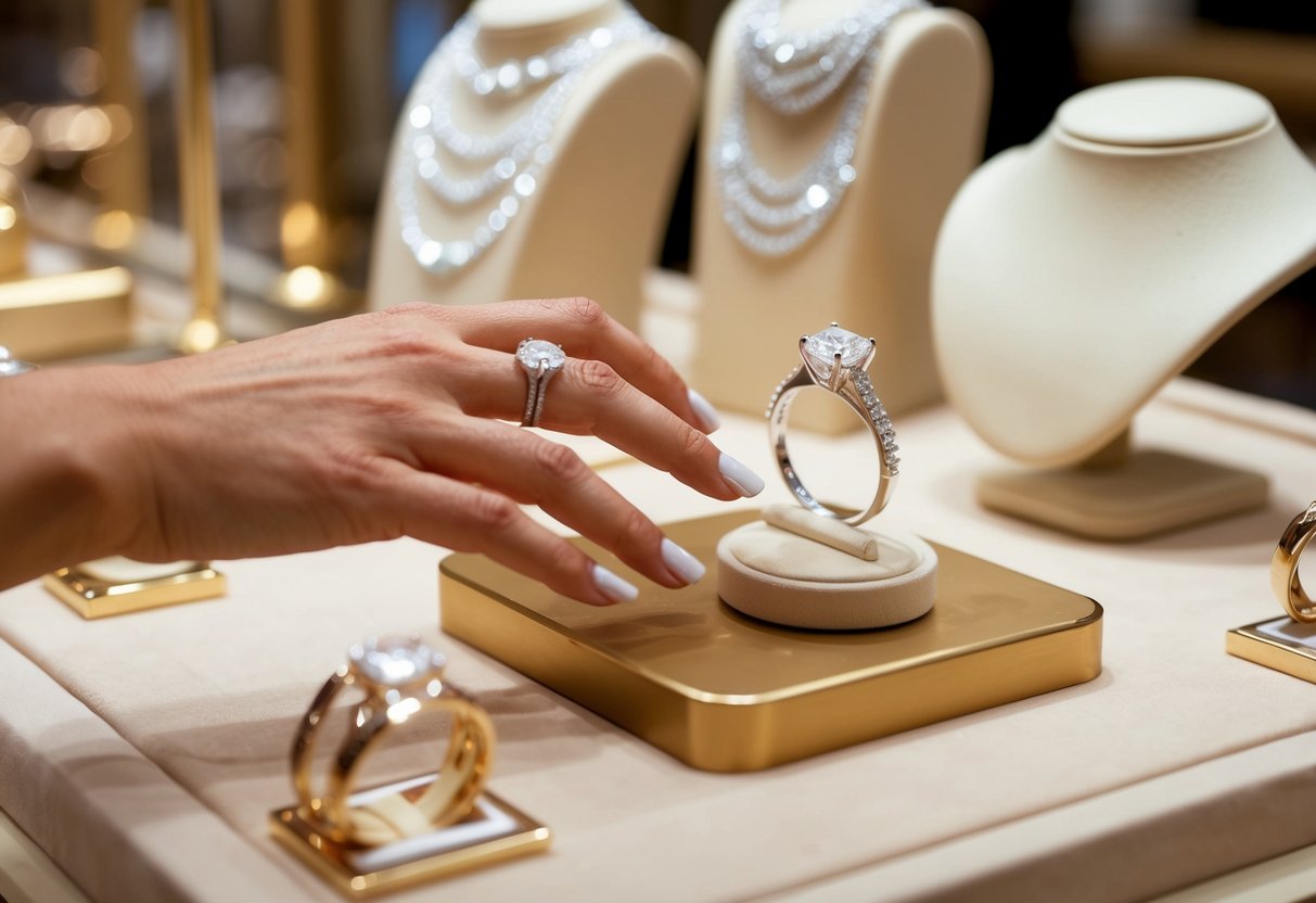 A hand reaches for an elegant wedding ring displayed in a jewelry store, surrounded by other sparkling options