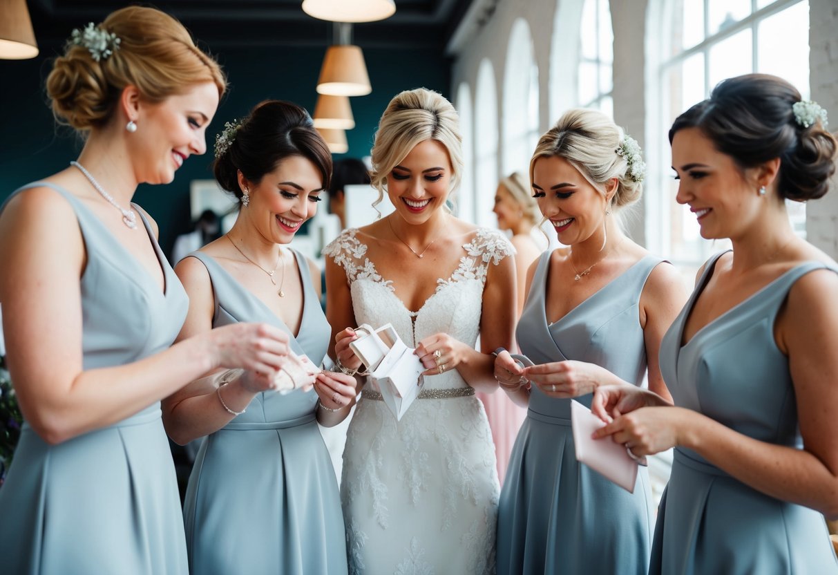 Bridesmaids purchasing dresses and accessories for a wedding in the UK