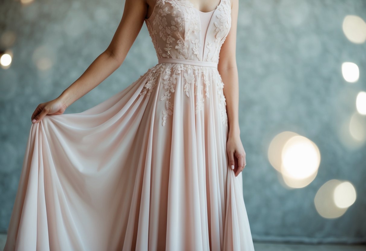 A flowing, elegant dress in a soft pastel shade, adorned with delicate lace or floral details