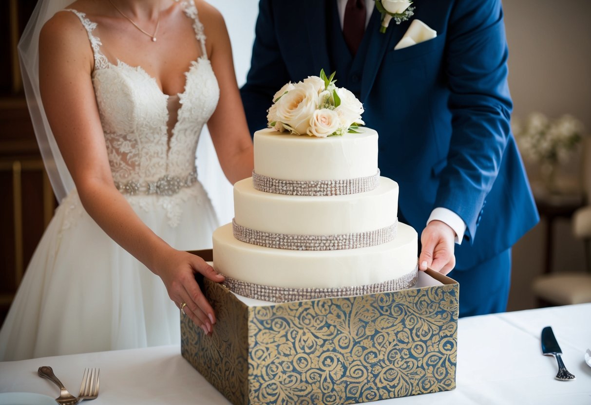 A couple carefully wraps and stores the top tier of their wedding cake in a decorative box, preserving the memory of their special day