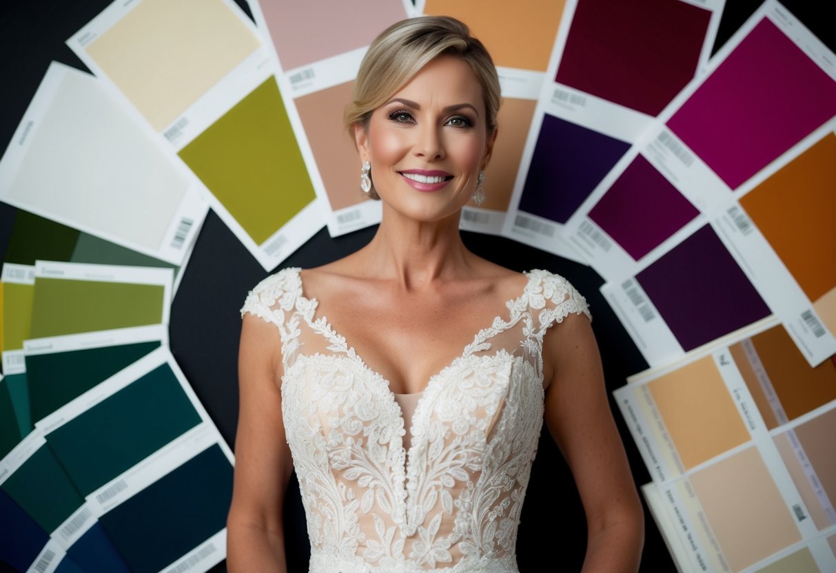 A mother of the bride's dress in a flattering style and color for her skin tone, surrounded by swatches of different hues to choose from