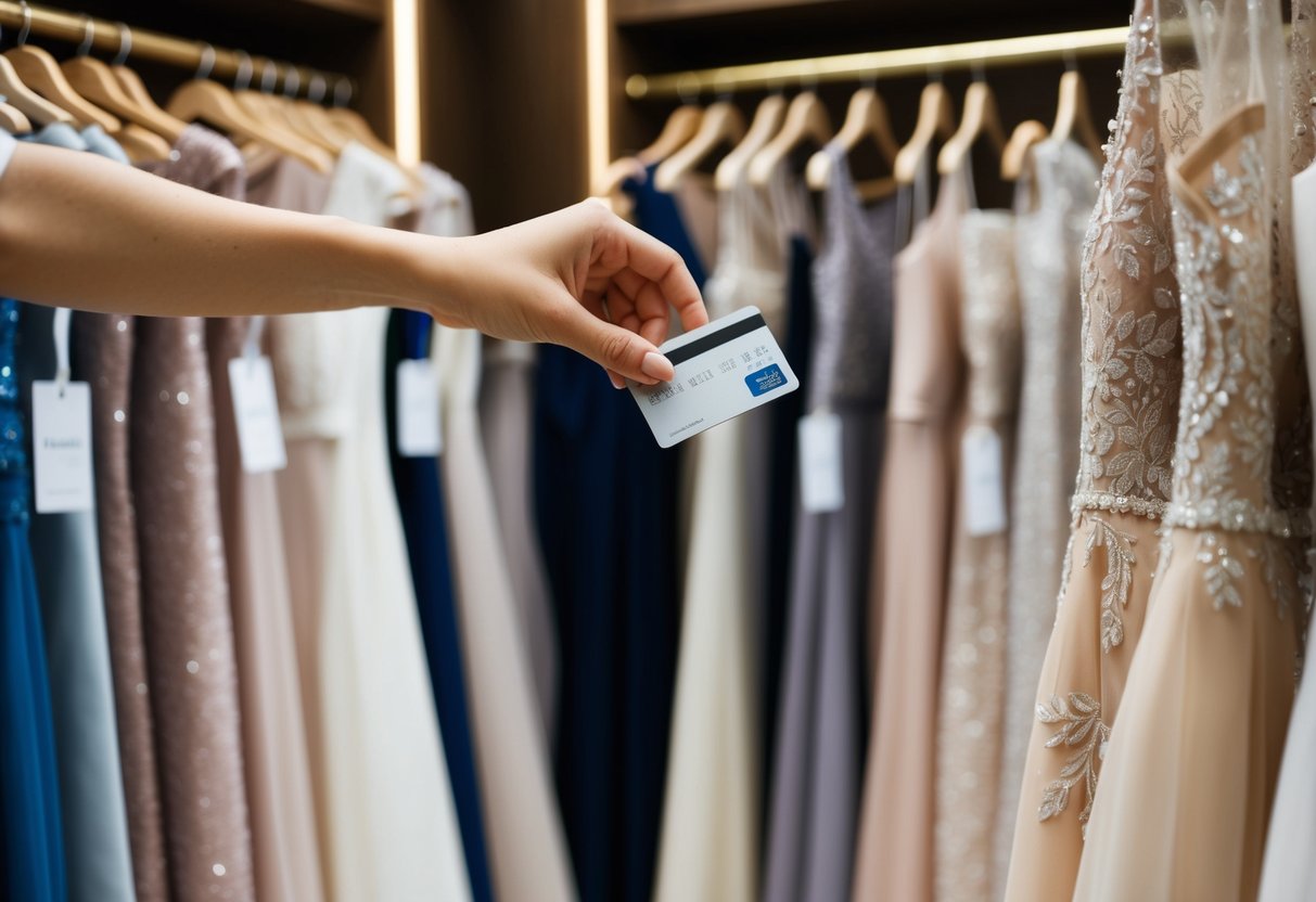 A woman's hand holding a credit card while browsing through racks of elegant dresses in a boutique