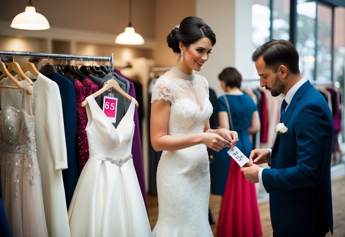 A woman in an elegant dress shops for her daughter's wedding outfit, while a man looks at price tags