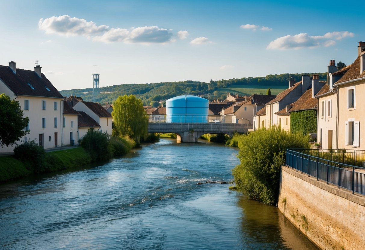 Une rivière sereine qui traverse un pittoresque village français, avec des installations de traitement des eaux modernes en arrière-plan, mettant en valeur l'évolution de la gestion de l'eau en France.