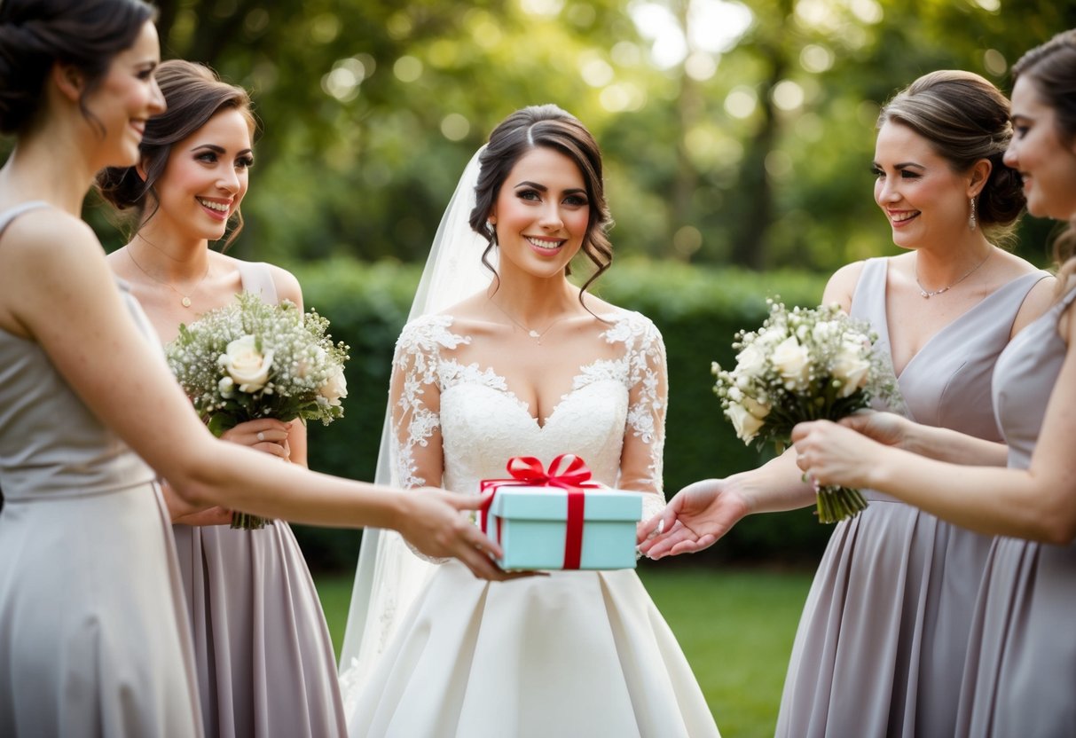 A bride hands a gift to her bridesmaid