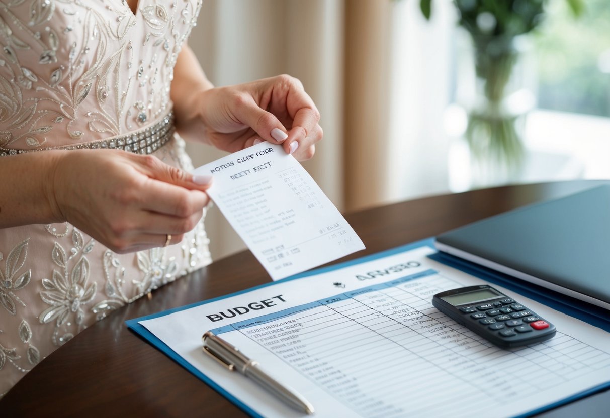 A woman holding a receipt for a mother of the bride outfit while looking at a budget sheet with various additional costs listed