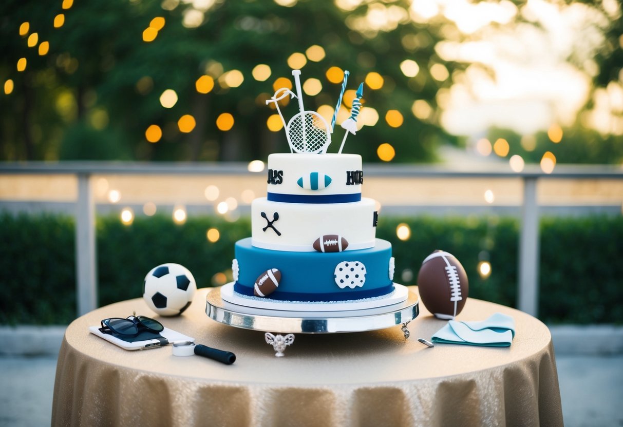 A groom's cake displayed on a separate table, adorned with masculine decorations such as sports, hobbies, or themed to reflect his personality and interests