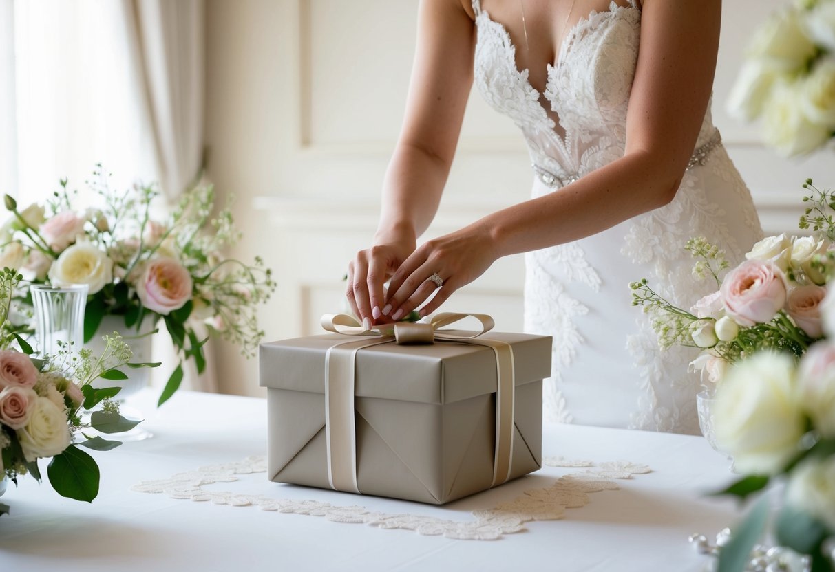A bride placing a beautifully wrapped gift box on a table, surrounded by delicate flowers and elegant wedding decor