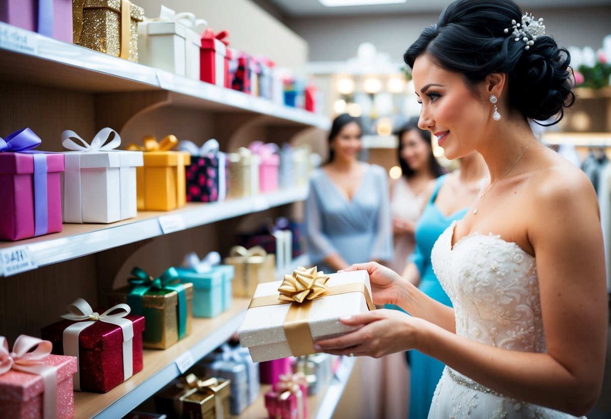 A bride browsing through a selection of gifts at a boutique, considering a special present for her bridesmaid