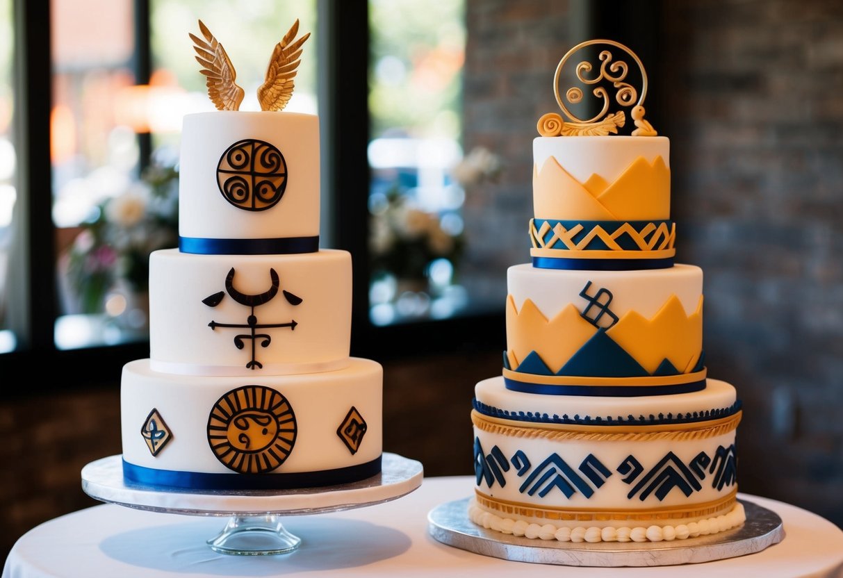 A groom's cake displayed alongside the wedding cake, featuring unique cultural symbols and designs reflecting the groom's heritage and interests