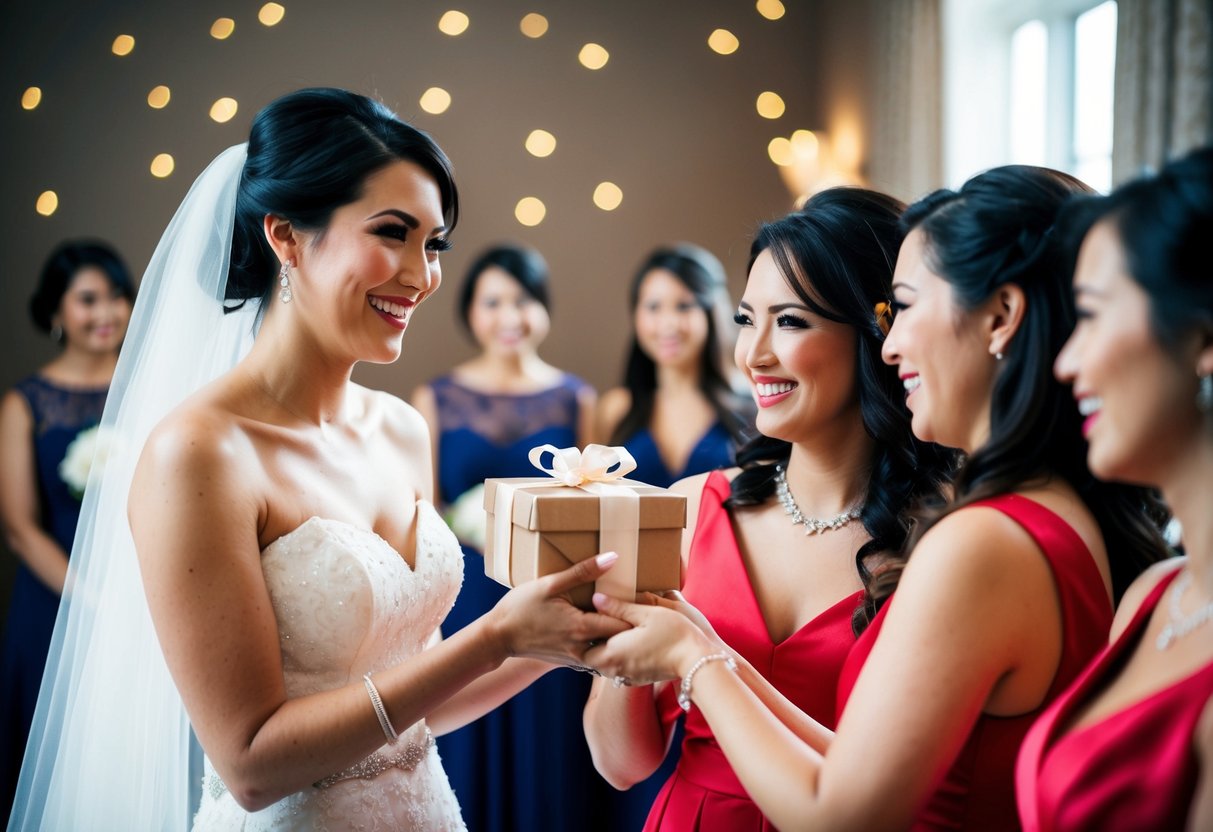 The bride presents a gift to her bridesmaid during a pre-wedding event