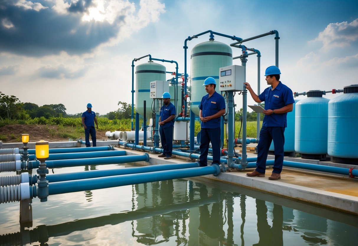 Une station de traitement des eaux avec des tuyaux, des réservoirs et des équipements de surveillance. Des travailleurs supervisent l'opération, garantissant la bonne exécution des contrats d'eau et d'assainissement.