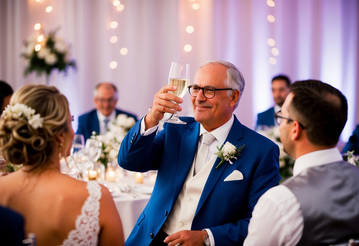 The father of the bride raises his glass in gratitude at the wedding reception