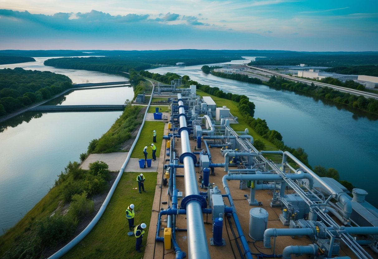 Une ville animée avec des usines de traitement des eaux et des systèmes d'égouts, entourée de rivières et de réservoirs. Des ouvriers de maintenance et des ingénieurs inspectent les tuyaux et les installations.