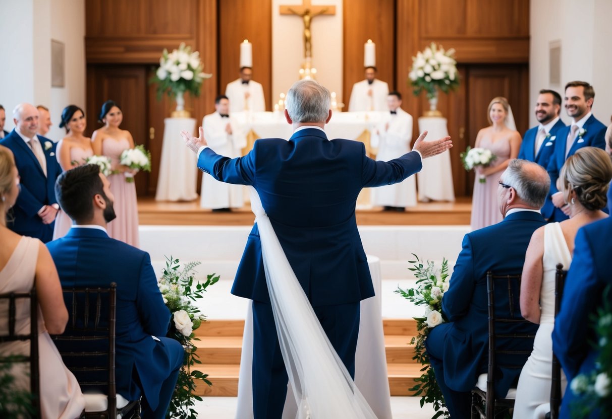 The father of the bride stands at the altar, facing the wedding guests, with a warm smile and open arms, expressing gratitude