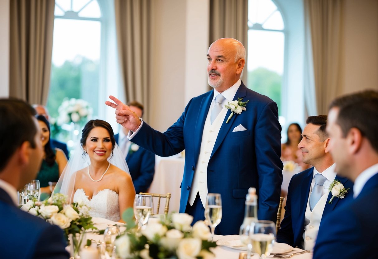 The father of the bride gestures towards the groom and his family, expressing gratitude during his speech at the wedding reception
