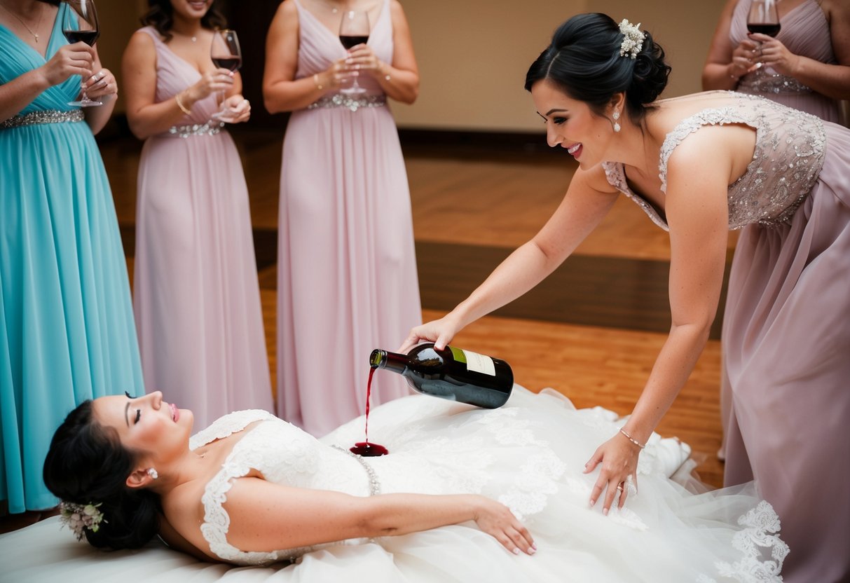 Bridesmaid spilling wine on the bride's dress at the reception