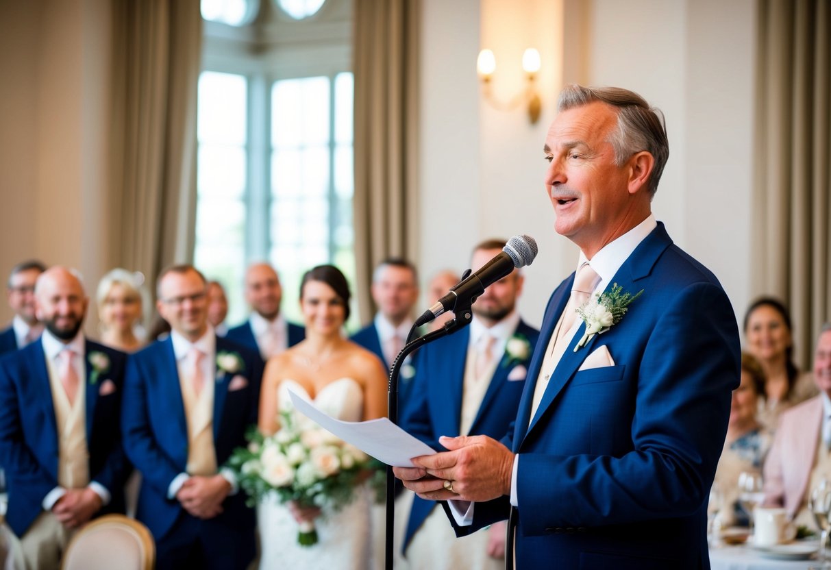 The father of the bride presents a heartfelt speech, expressing gratitude to the groom's family and the wedding guests