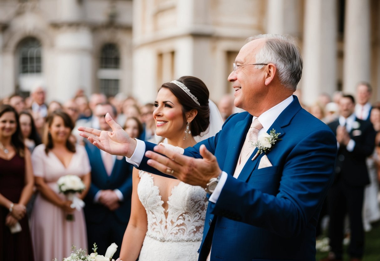 The father of the bride gestures towards the crowd, expressing gratitude