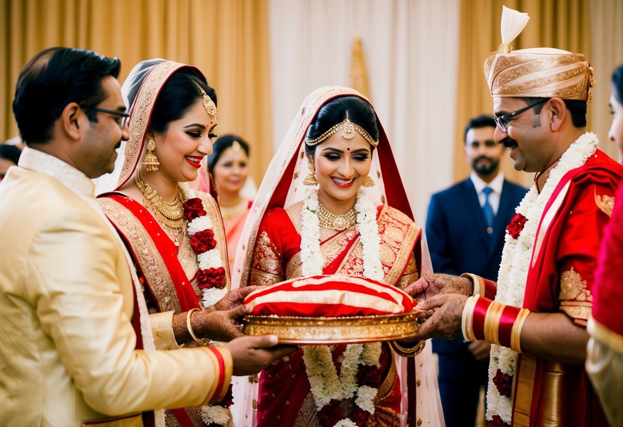 A traditional wedding ceremony with the bride's parents presenting a dowry to the groom's family, symbolizing financial support and unity
