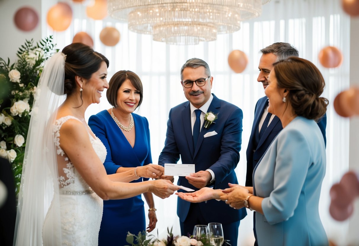 A bride's parents handing over a check to a wedding planner, surrounded by modern decor and a celebratory atmosphere