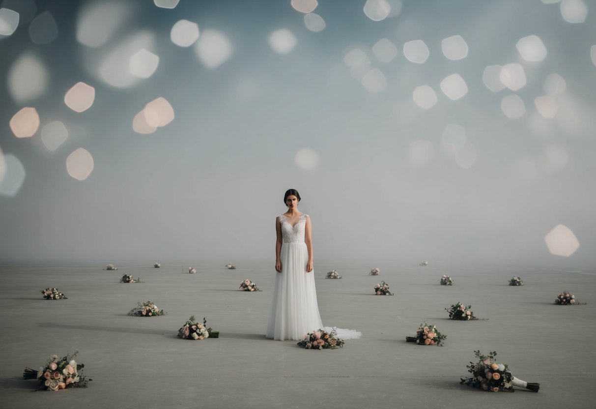 A single bridesmaid stands alone in a vast, empty space, surrounded by scattered flowers and a sense of loneliness