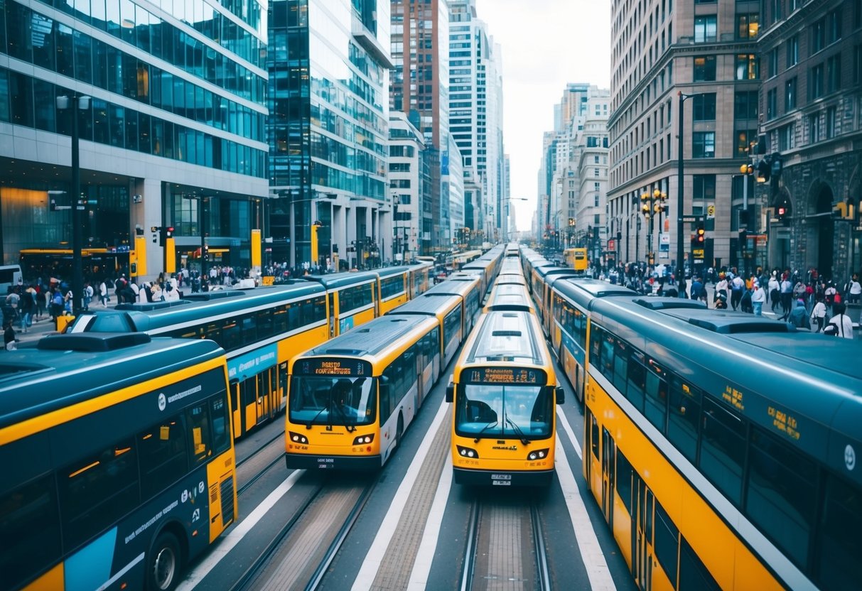 Une rue animée de la ville avec des bus et des trains, entourée de bâtiments modernes et de navetteurs occupés