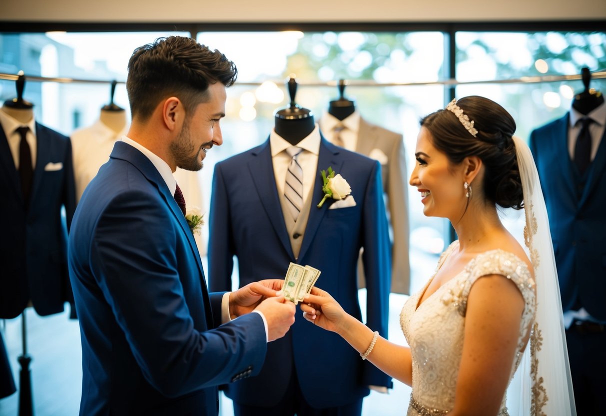 A bride hands over money to a tailor while pointing to a suit on display